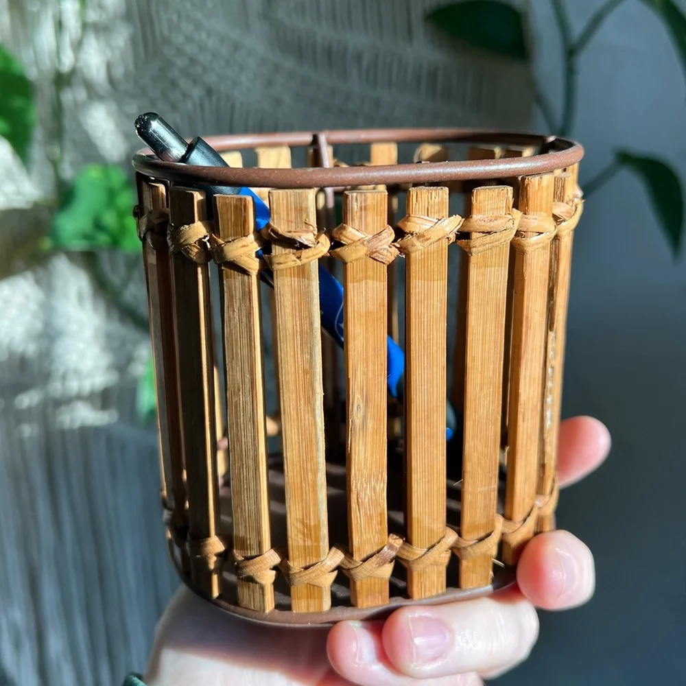 Vintage Bamboo & Rattan Pencil Holder Desk Organizer Wicker Rustic Office Decor